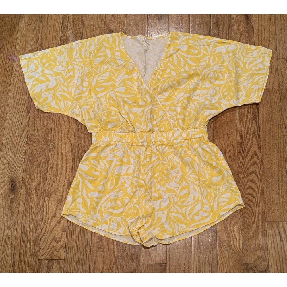 Coastal Festival Resort Tropical Linen Blend Romper Yellow Boho Summer Large